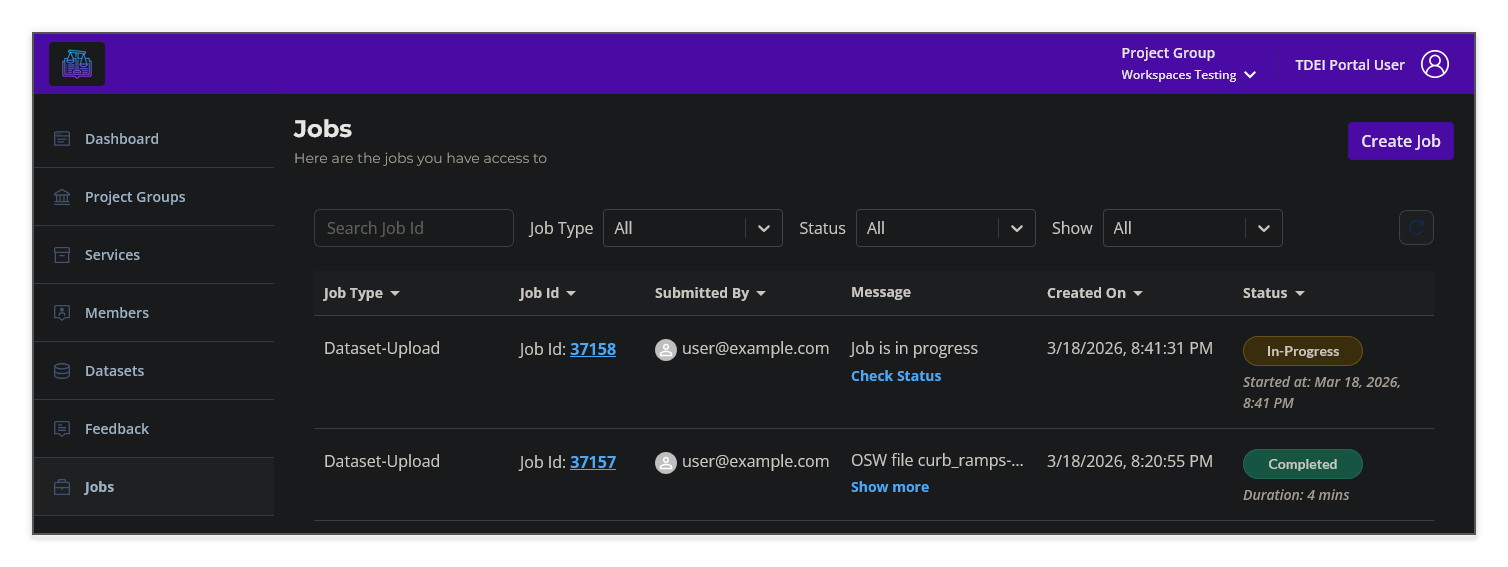 Jobs page showing completed Dataset-Upload job