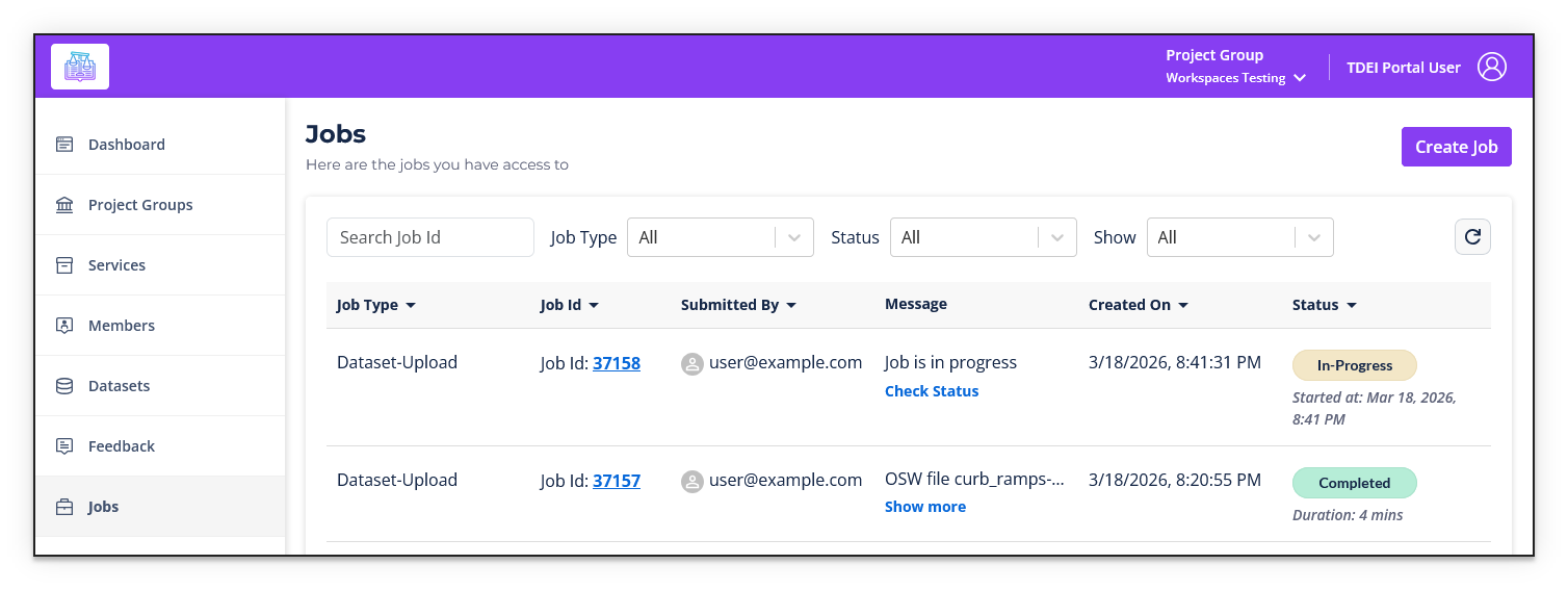 Jobs page showing completed Dataset-Upload job