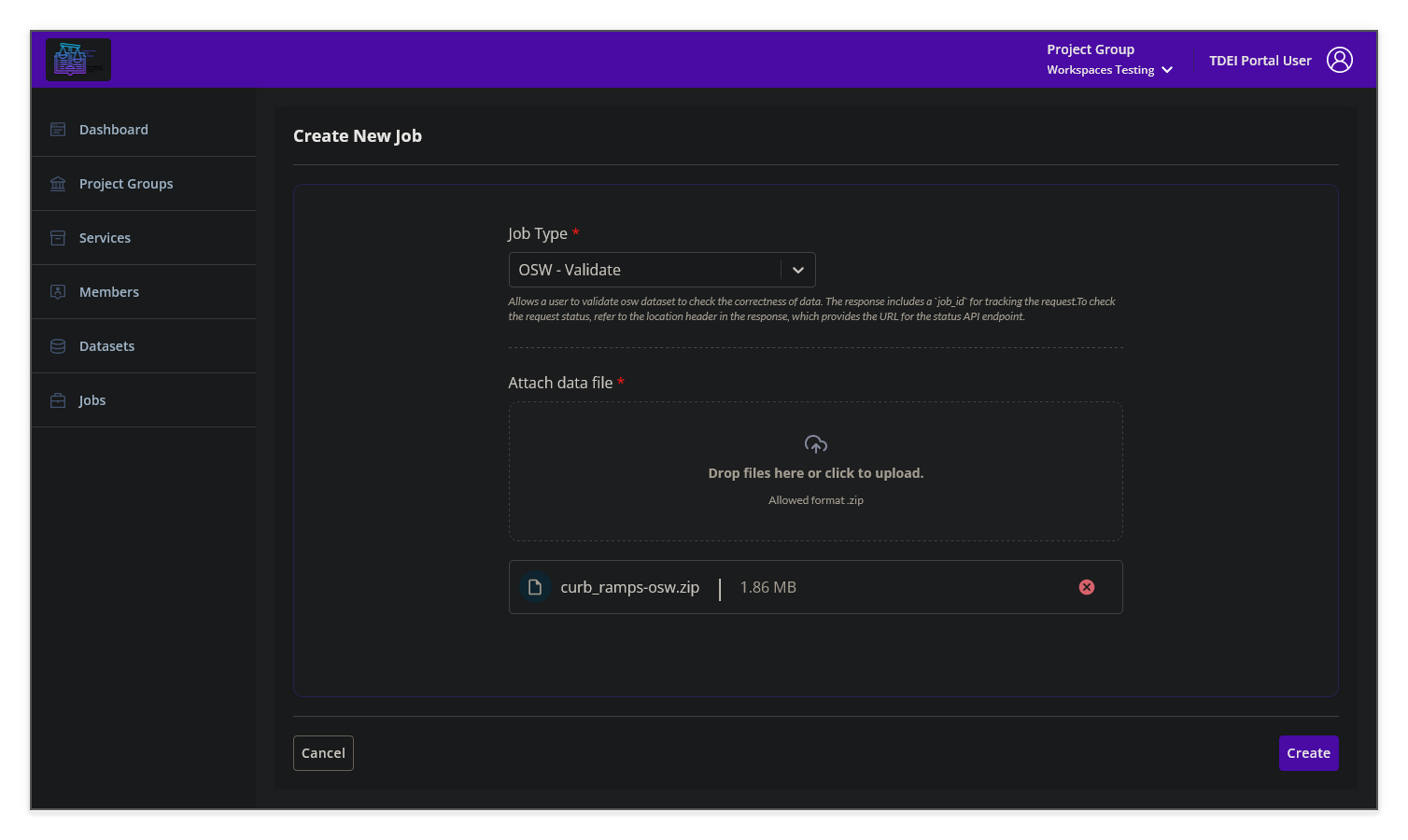 TDEI Portal create OSW - Validate job