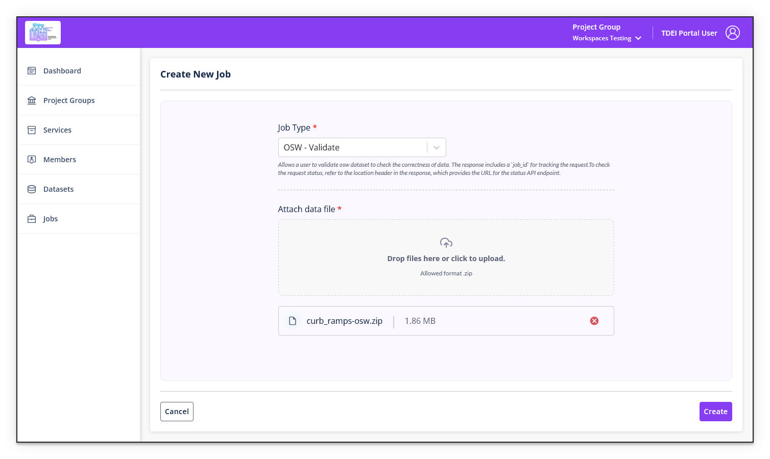 TDEI Portal create OSW - Validate job