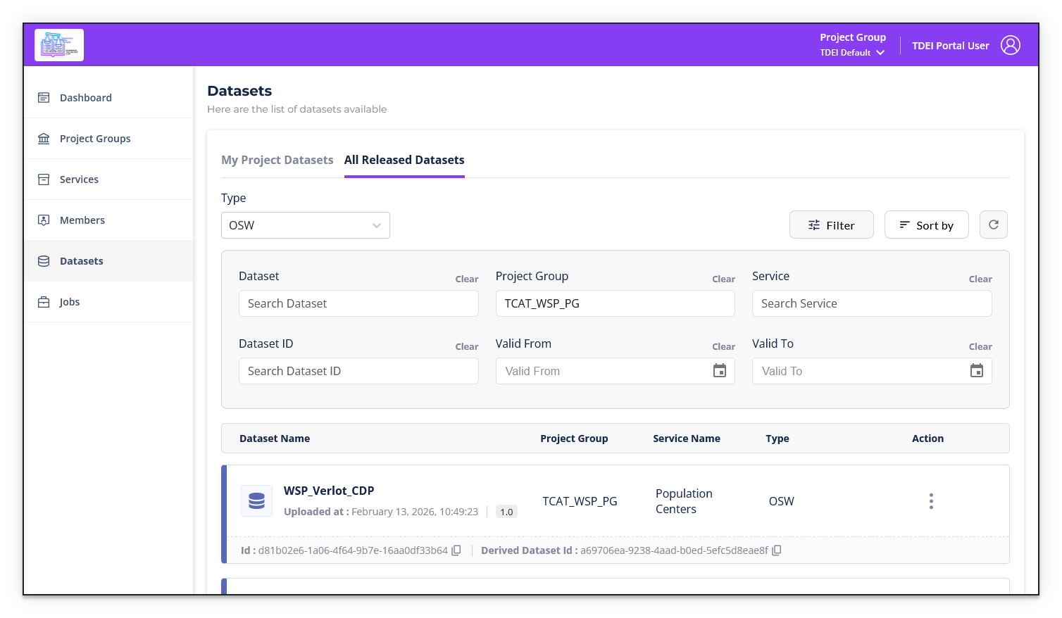 Datasets filter panel