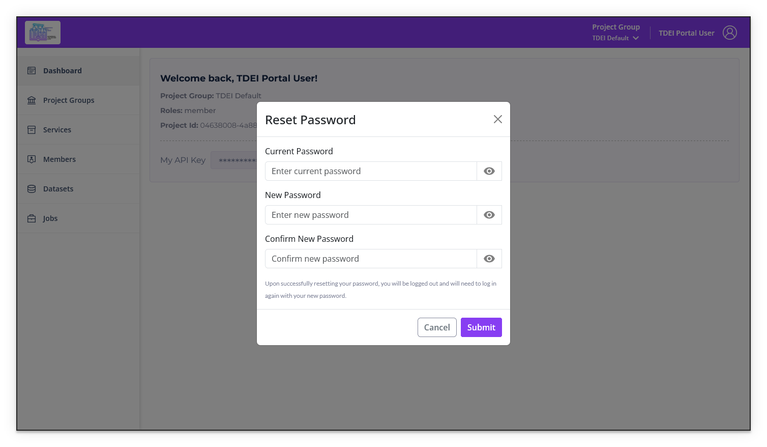 Reset password dialog