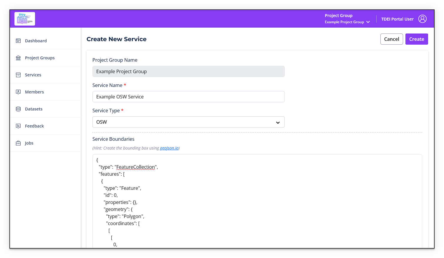 Create New Service page