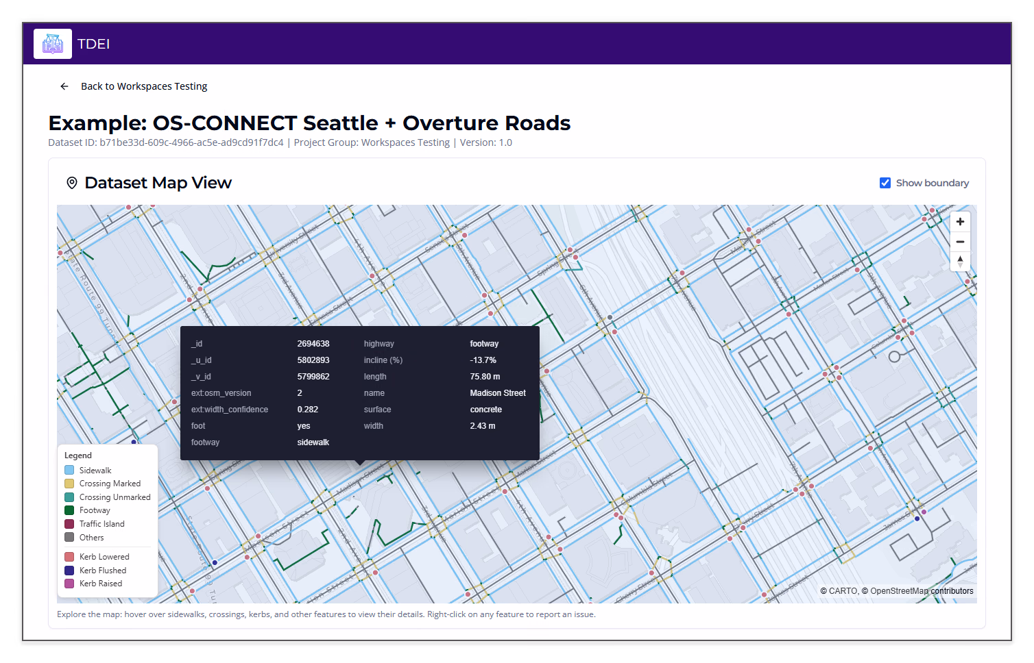 TDEI Data Viewer map showing property values for a hovered sidewalk feature