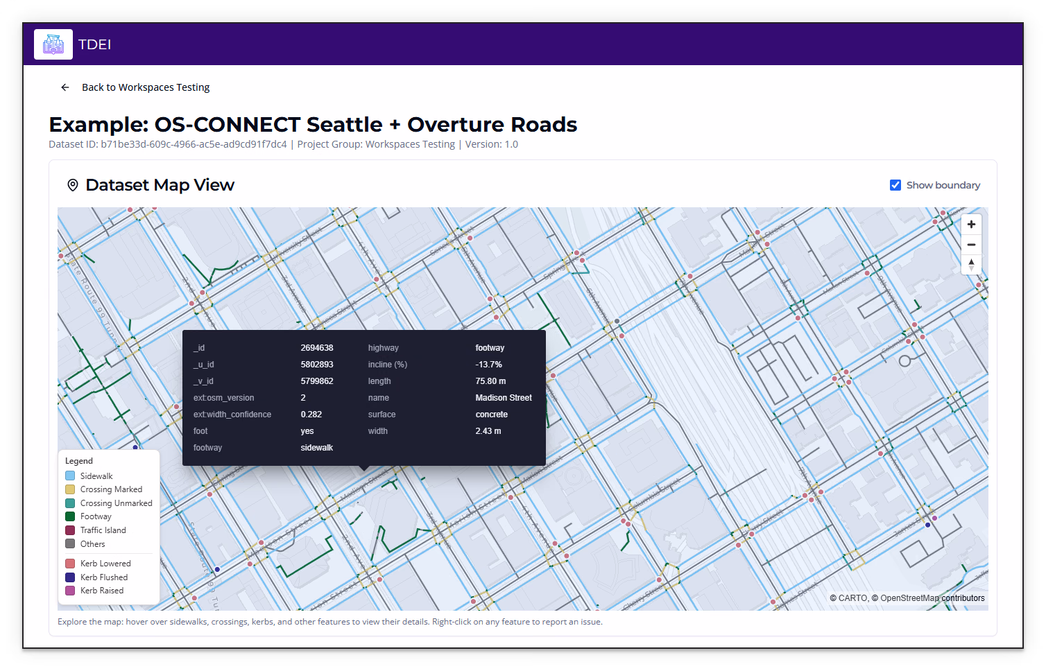 TDEI Data Viewer map showing property values for a hovered sidewalk feature