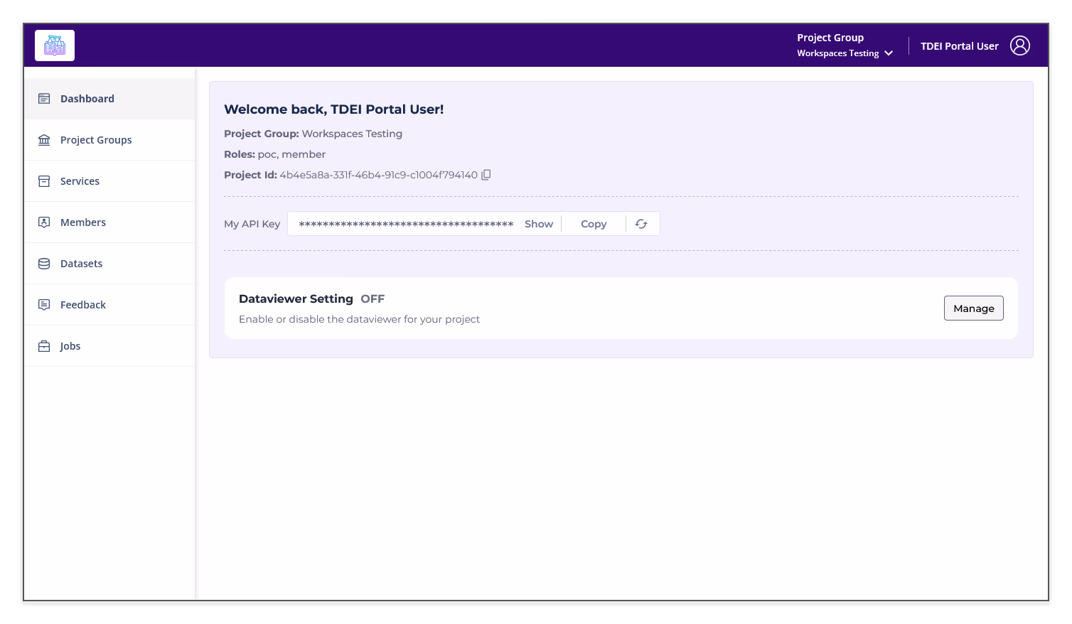TDEI Portal dashboard