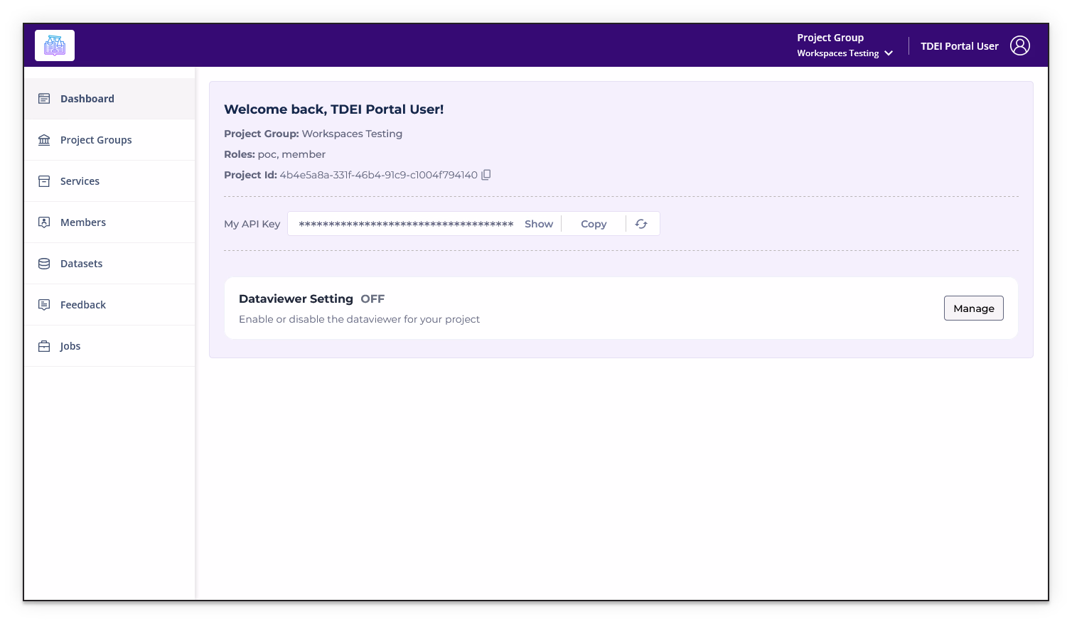 TDEI Portal dashboard