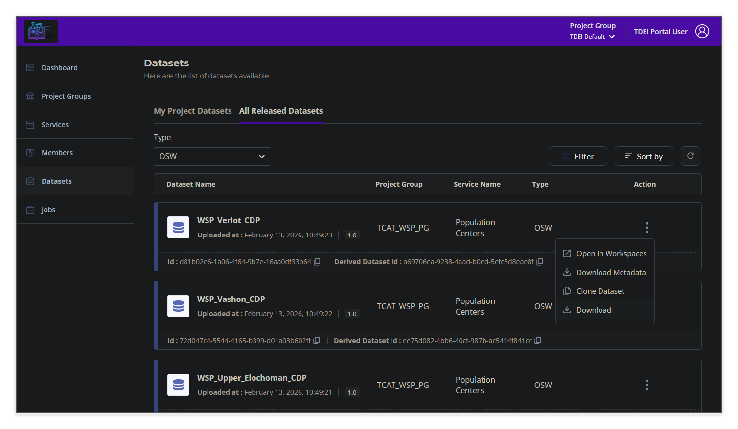 Dataset action menu with Download option