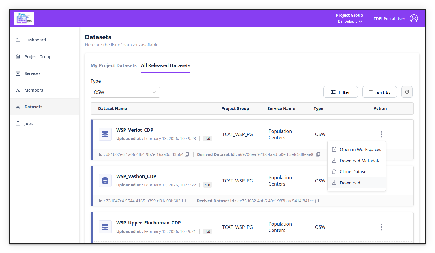 Dataset action menu with Download option