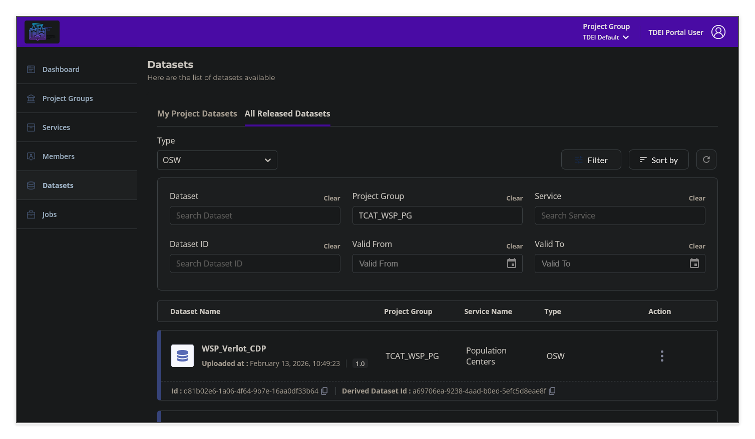 The Datasets filter panel expanded with Type set to OSW and "TCAT_WSP_PG" entered in the Project Group field. One matching result is shown.