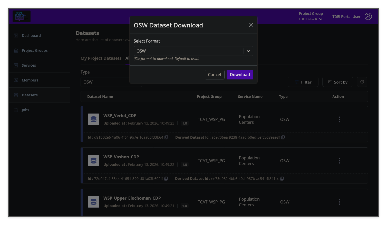 OSW Dataset Download dialog