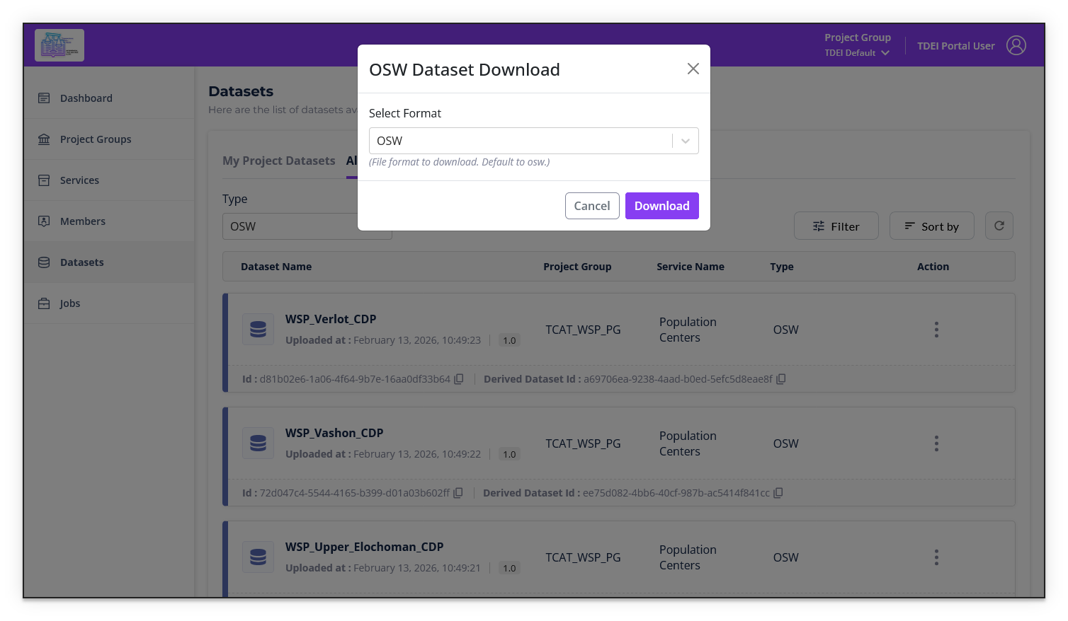 OSW Dataset Download dialog