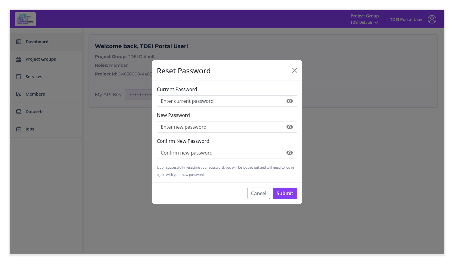Reset password dialog
