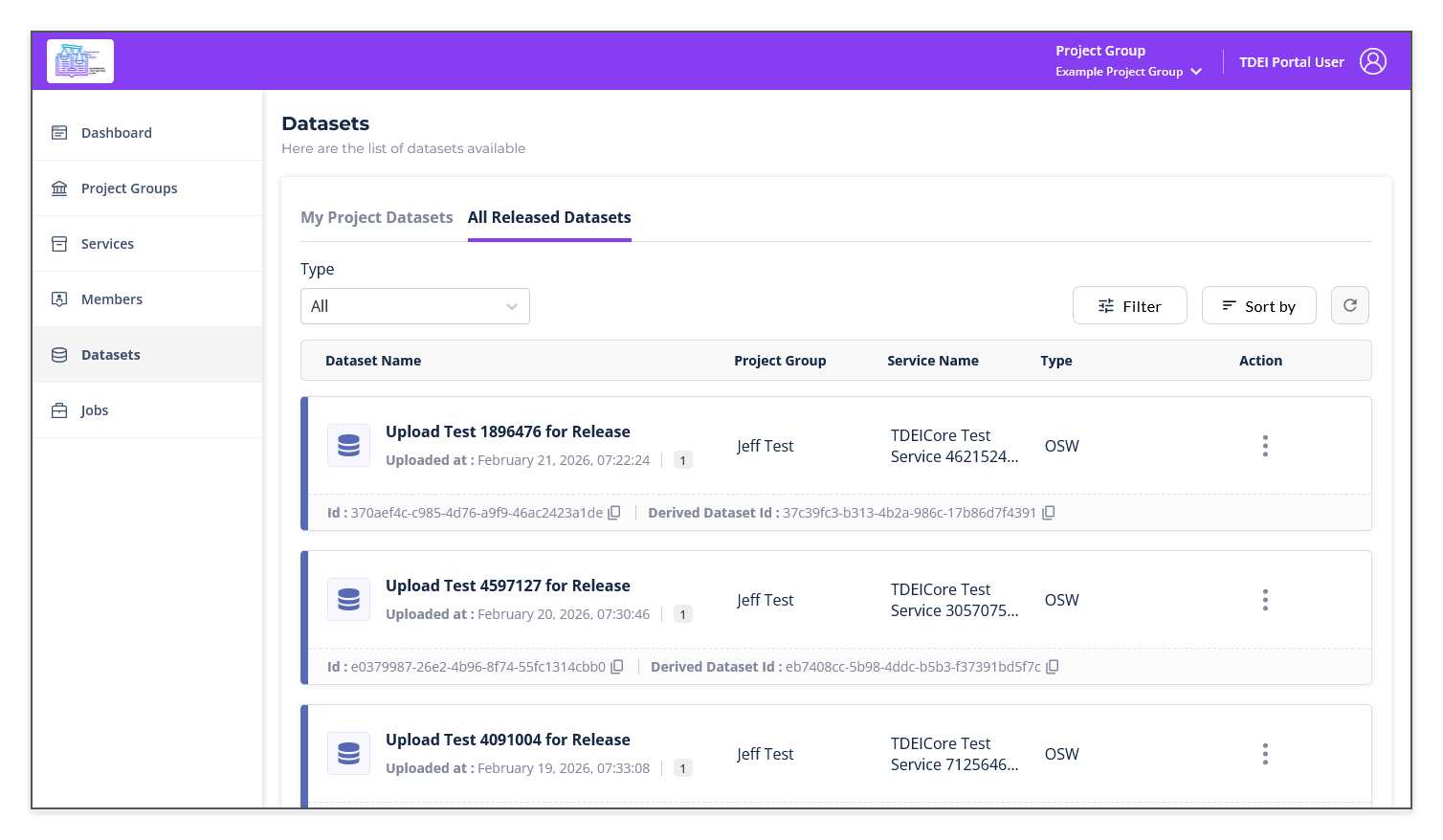 The TDEI portal's Datasets page showing the All Released Datasets tab with Type set to All and no filters applied. Three datasets are visible.