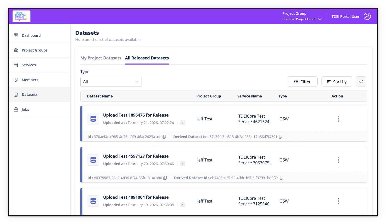 The TDEI portal's Datasets page showing the All Released Datasets tab with Type set to All and no filters applied. Three datasets are visible.