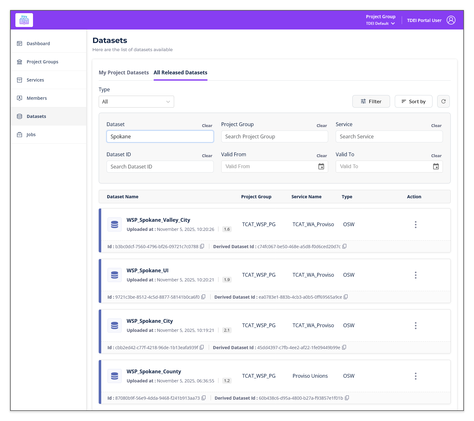 The TDEI portal's Datasets page with the filter panel expanded, showing "Spokane" entered in the Dataset search field. Results show four matching datasets: WSP_Spokane_Valley_City, WSP_Spokane_UI, WSP_Spokane_City, and WSP_Spokane_County.