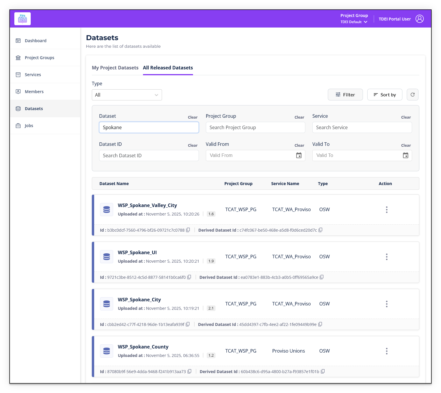 The TDEI portal's Datasets page with the filter panel expanded, showing "Spokane" entered in the Dataset search field. Results show four matching datasets: WSP_Spokane_Valley_City, WSP_Spokane_UI, WSP_Spokane_City, and WSP_Spokane_County.