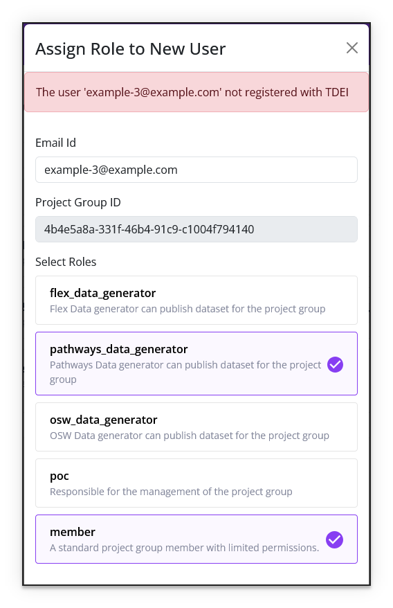Assign Role to New User dialog — user not found error