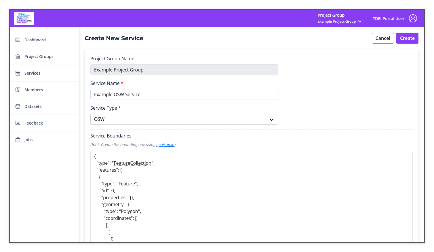Create New Service page