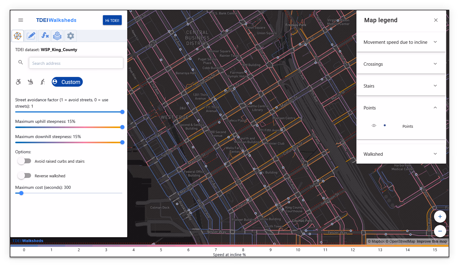 Walksheds map with the Points extension overlay visible
