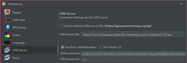 Screenshot of the "OSM server" submenu in the JOSM Preferences menu.