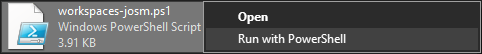 Screenshot of the downloaded Workspaces JOSM Settings Script, after right clicking to pop up a menu containing the "Run with PowerShell" option.