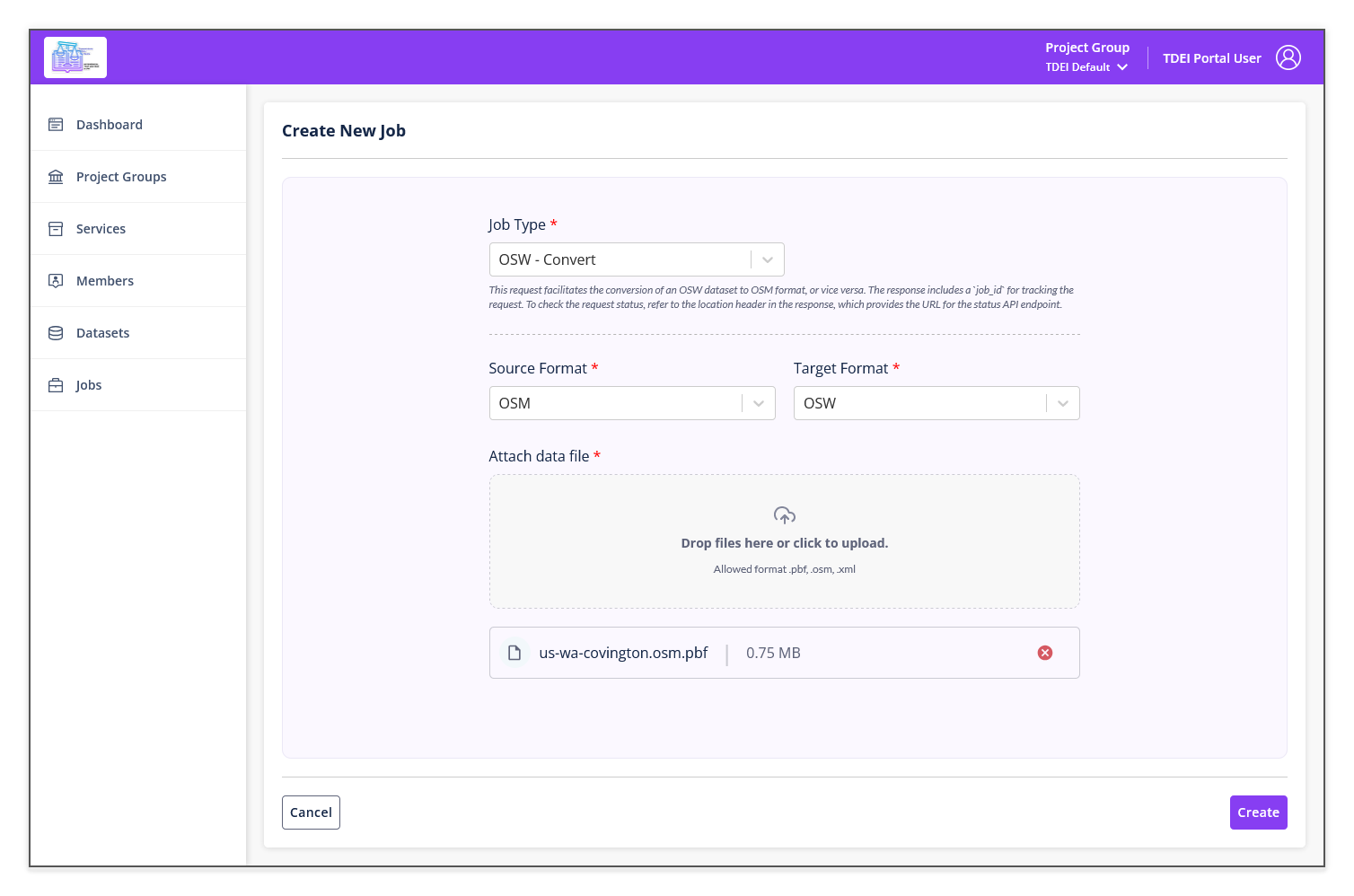 TDEI Portal create OSW - Convert job