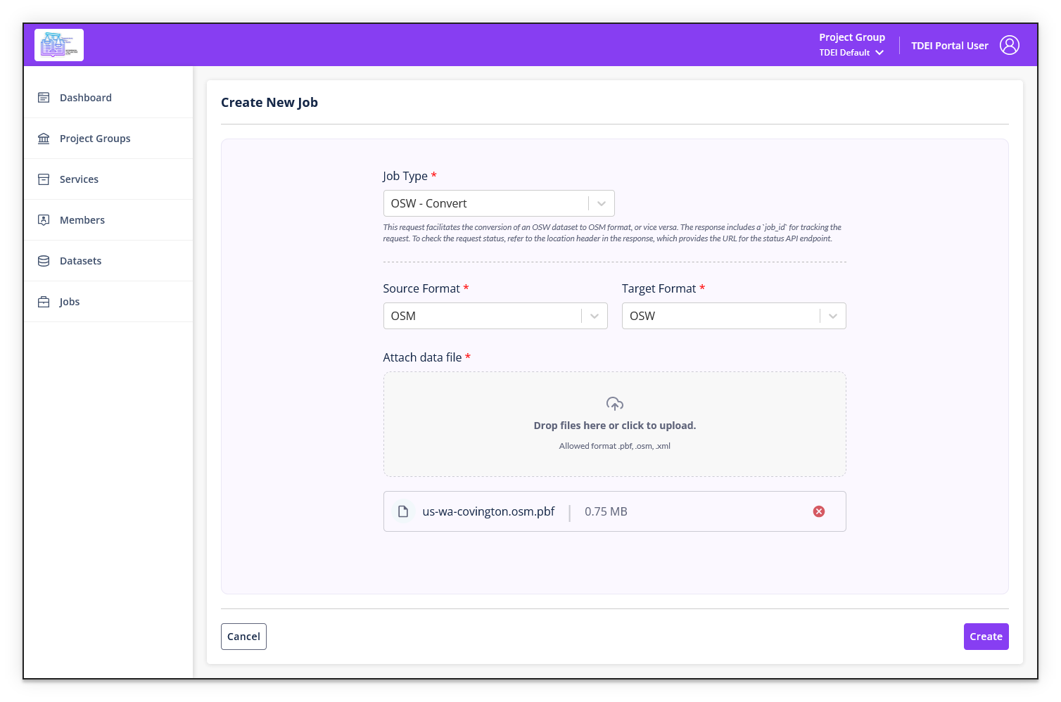 TDEI Portal create OSW - Convert job