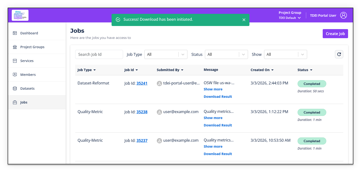 TDEI Portal completed job with Download Result