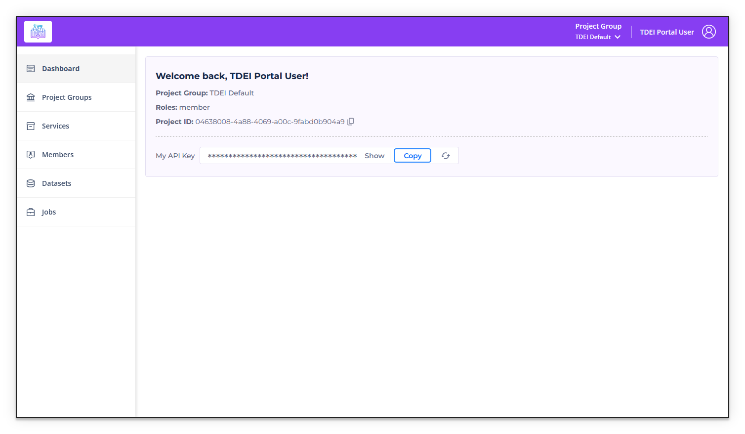 Screenshot of the Dashboard section of the TDEI Portal, with a highlight on the Copy button next to the My API Key box