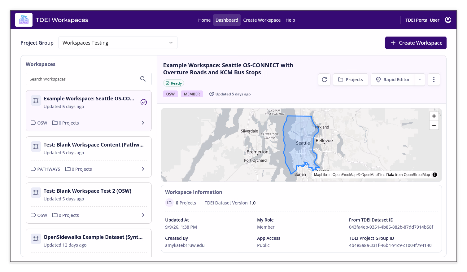 Workspaces Dashboard showing the project group selector, workspace list, selected workspace, map preview, and workspace information