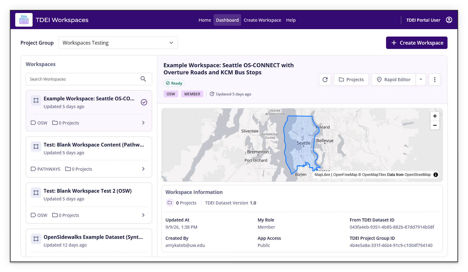 Workspaces Dashboard showing the project group selector, workspace list, selected workspace, map preview, and workspace information