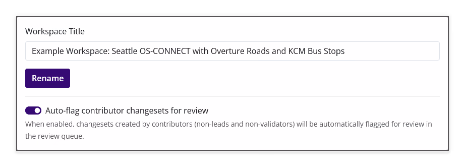 Workspace General settings showing the Workspace Title field, Rename button, and contributor changeset review toggle