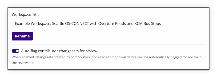 Workspace General settings showing the Workspace Title field, Rename button, and contributor changeset review toggle