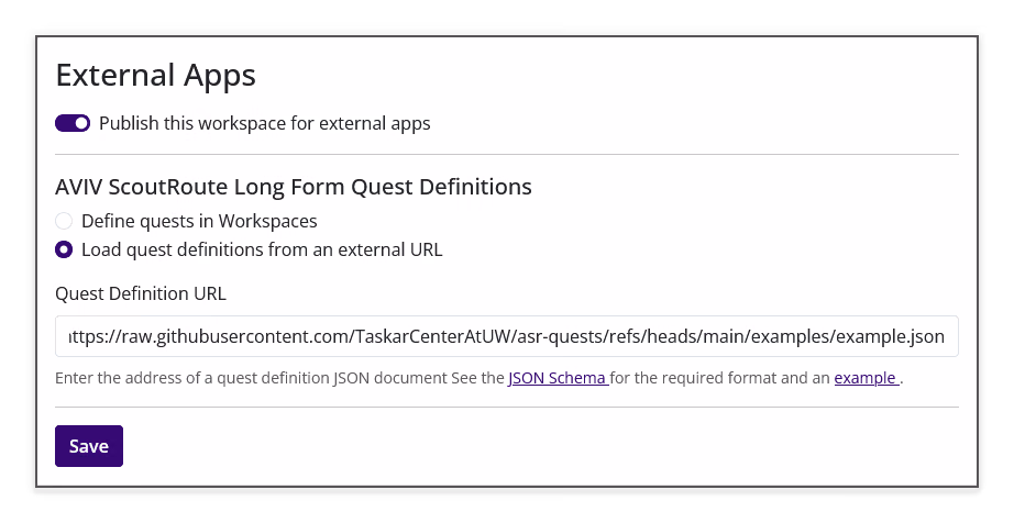 External Apps settings showing workspace publishing, quest-definition options, Quest Definition URL, and Save