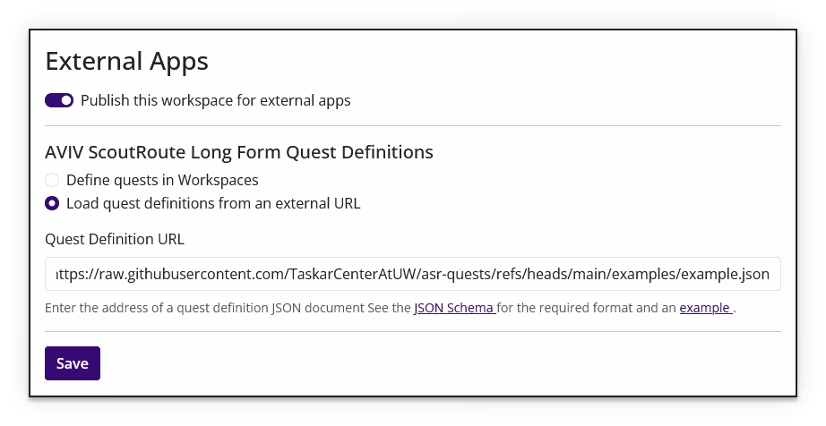 External Apps settings showing workspace publishing, quest-definition options, Quest Definition URL, and Save