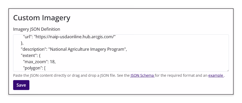 Custom Imagery settings showing the Imagery JSON Definition field, schema and example links, and Save