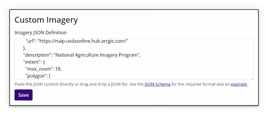 Custom Imagery settings showing the Imagery JSON Definition field, schema and example links, and Save