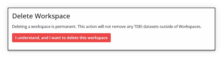 Delete Workspace section showing the permanent-action warning and delete confirmation button