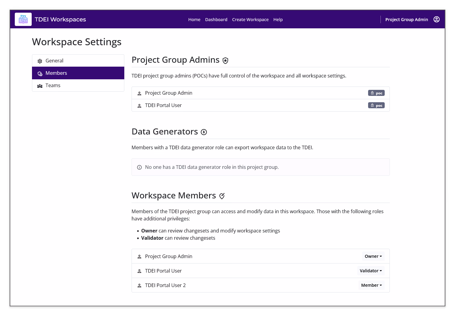 Workspace Settings Members page showing project group admins, data generators, and workspace members