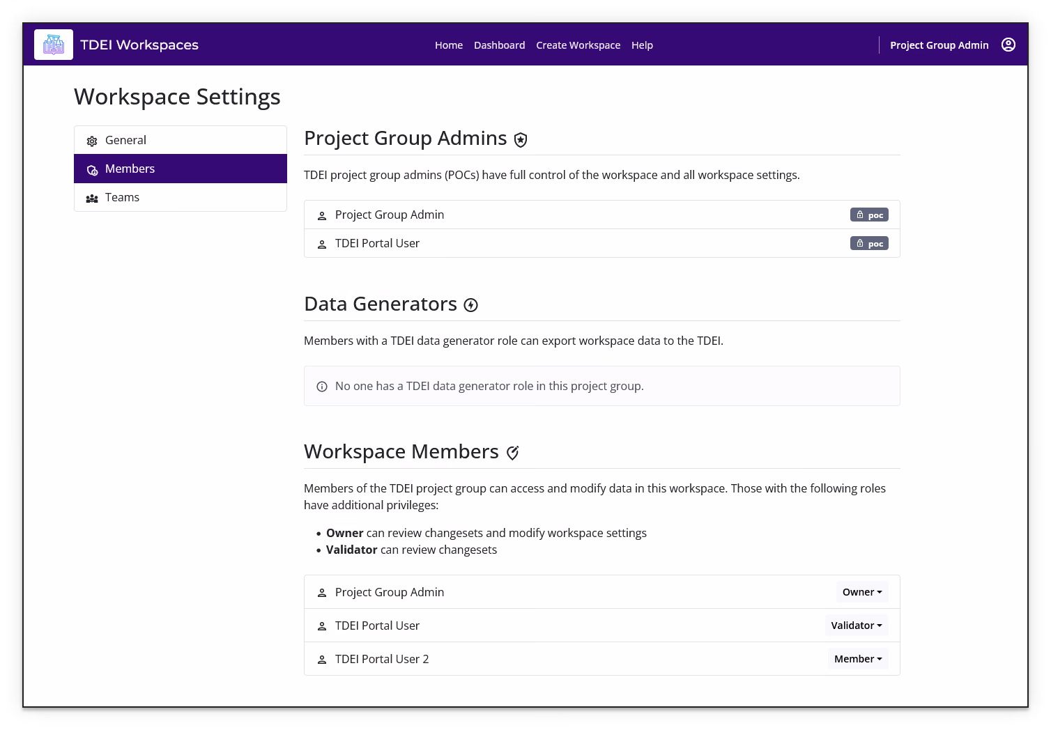 Workspace Settings Members page showing project group admins, data generators, and workspace members