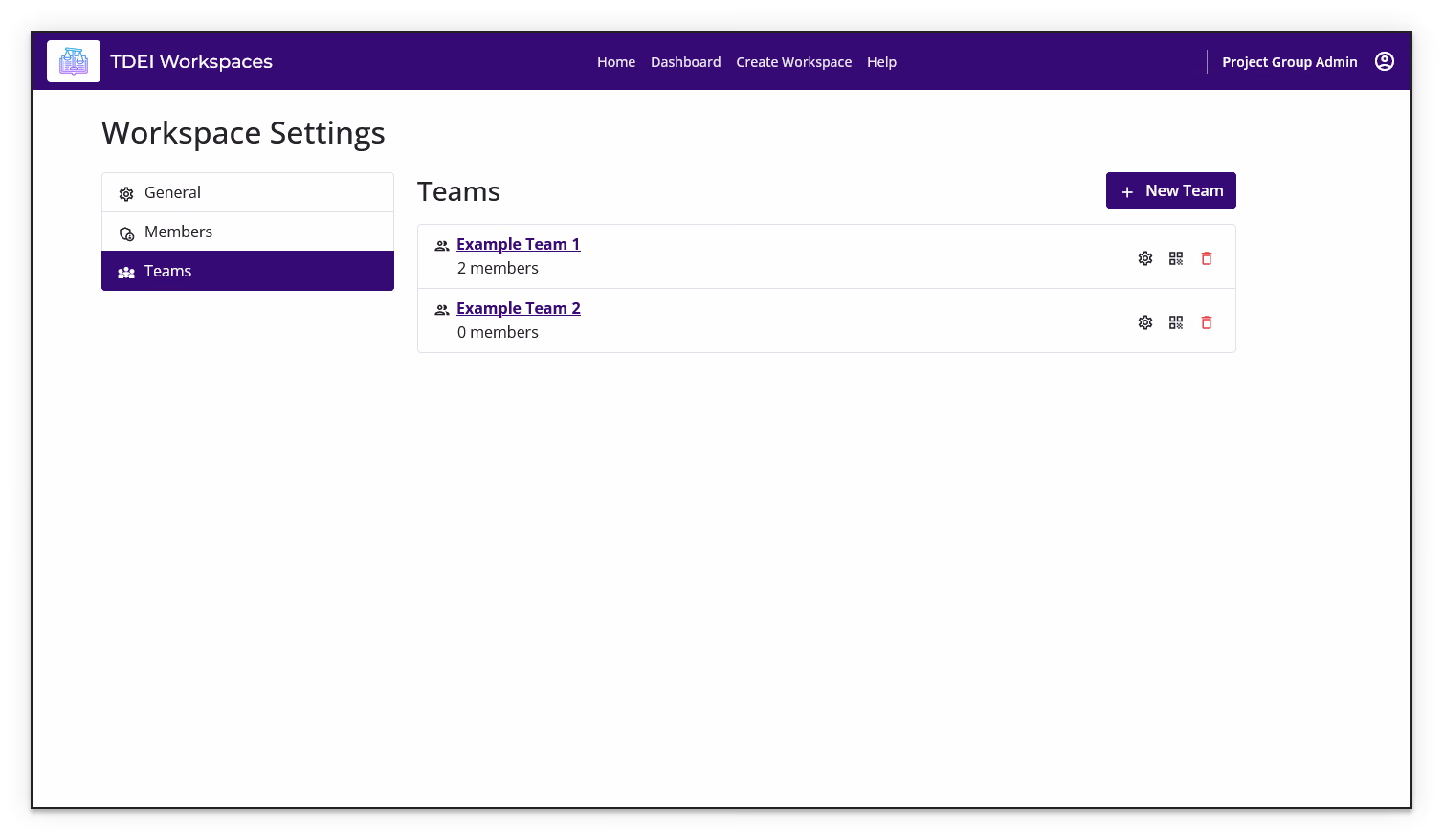 Workspace Settings Teams page showing the New Team button, team names, member counts, team settings, QR code, and delete controls