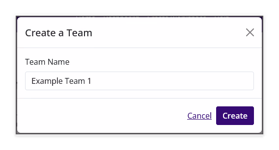 Create a Team dialog with the Team Name field and Create button