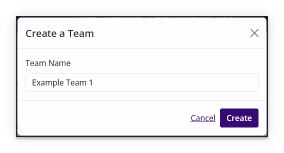 Create a Team dialog with the Team Name field and Create button