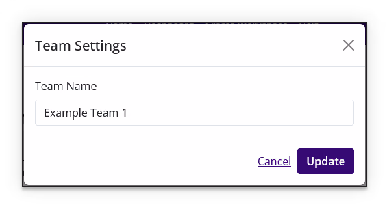 Team Settings dialog with the Team Name field and Update button