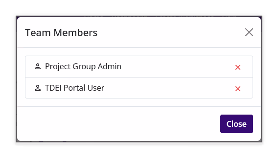 Team Members dialog listing members and member removal controls