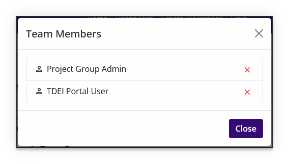 Team Members dialog listing members and member removal controls
