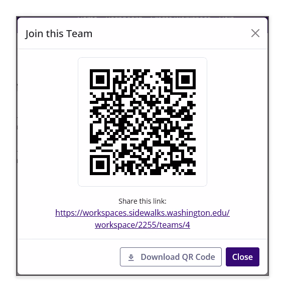 Join this Team dialog showing the team QR code, shareable link, Download QR Code button, and Close button