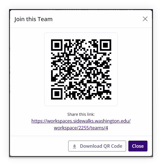 Join this Team dialog showing the team QR code, shareable link, Download QR Code button, and Close button