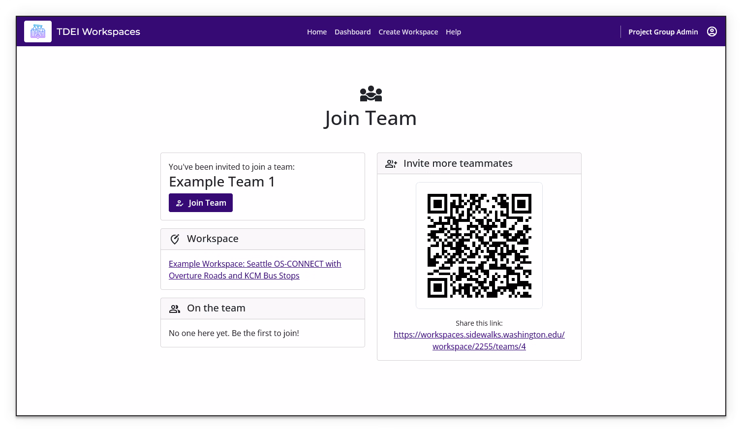 Join Team page showing the invitation, workspace, current team members, and Join Team button